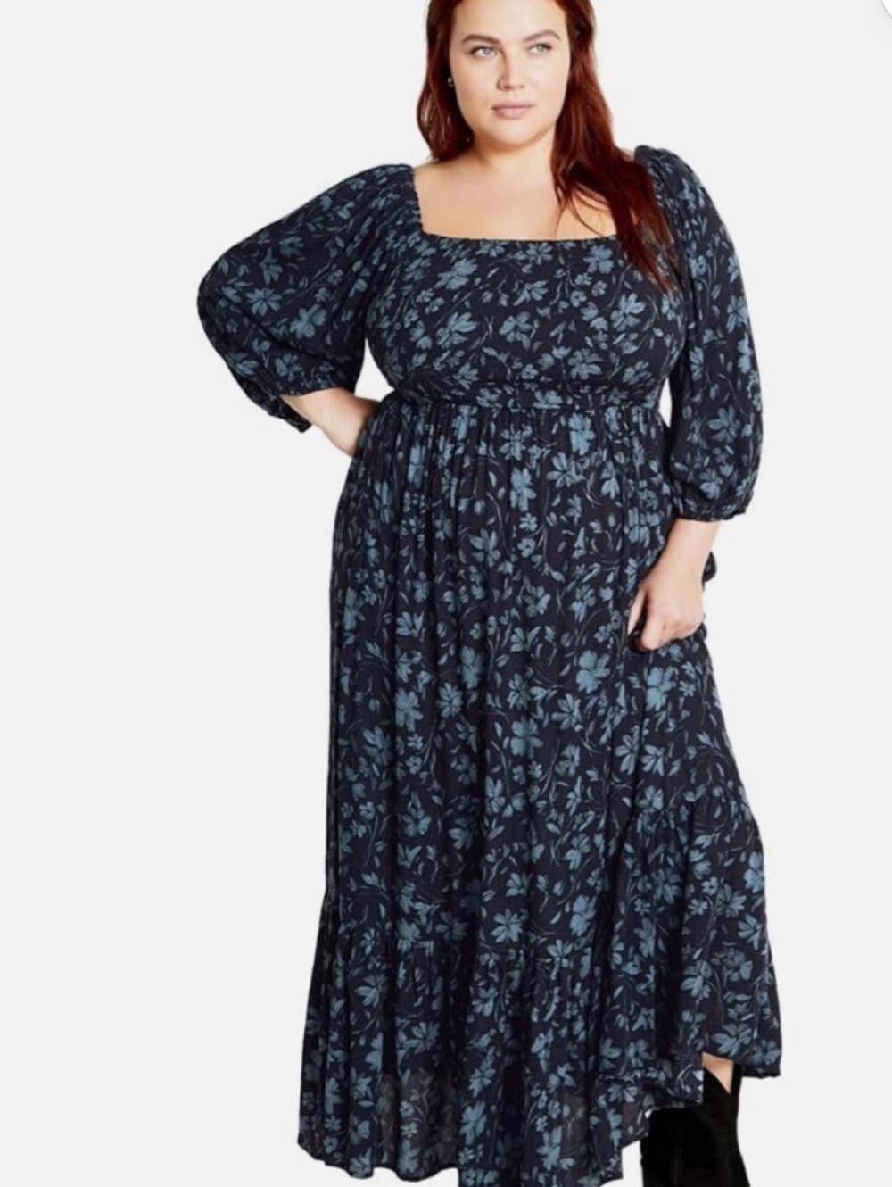 NWT City Chic Plus Size Navy Blue Floral Max Kayleei Dress with Square Neck